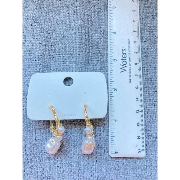 Gold Tone Irregular Hoop Earrings with Baroque imitation Pearl and Pearl Accents - Picture 6 of 8